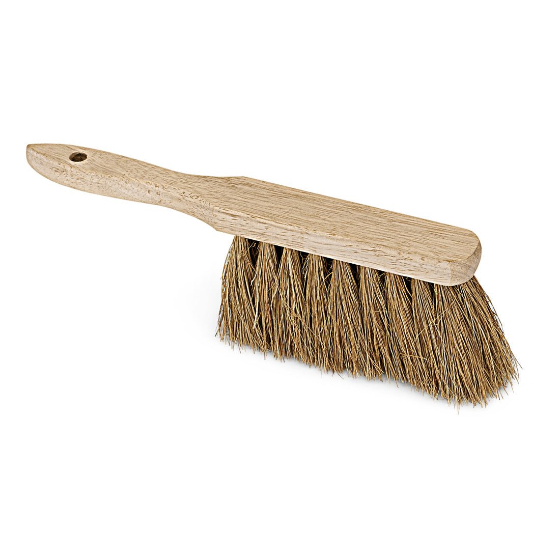 The Nölle Profi Brush industrial hand broom, 28 cm natural coconut with hanging hole (1 piece) from Nölle Profi Brush Bürsten- & Pinseltechnik e.K. is depicted with a wooden handle and natural coconut fiber bristles on a white background.