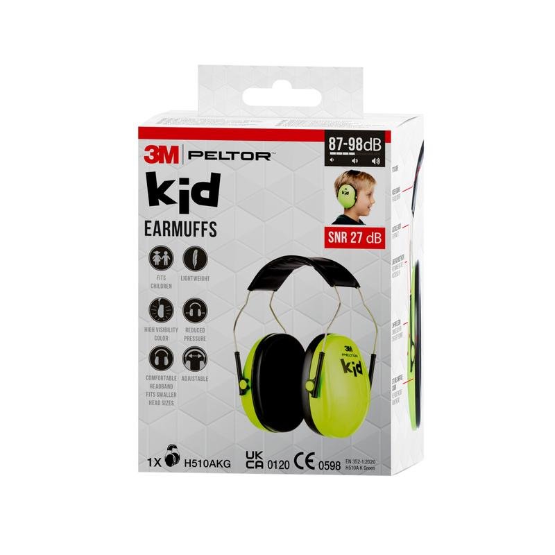 Pictured is a box of 3M™ PELTOR™ earmuff for children by 3M Deutschland GmbH with a white and neon green packaging, showing a child wearing the earmuff, and highlighting key features as well as noise reduction on the front side.