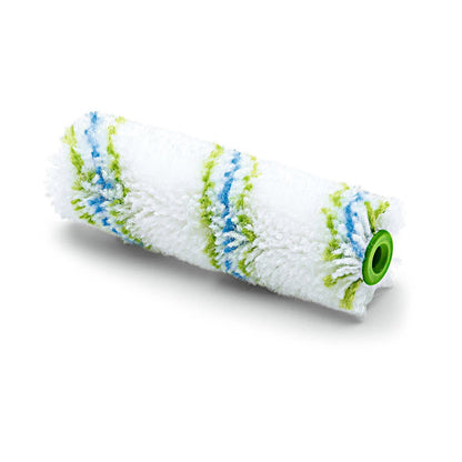 Close-up of the Nölle Profi Brush Meisterflor Small Area Roller 10 cm / Ø 17 mm by Nölle Profi Brush Brush & Paint Technology e.K., white fluffy material with blue and green stripes, ideal for precise work on small areas.