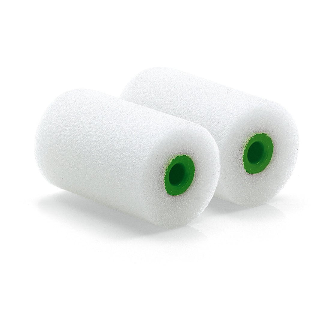 The Nölle Profi Brush Paint Roller Superfine (5.5 cm) from Nölle Profi Brush Brush & Paint Technology e.K. is designed for precise painting work and delivers smooth, superfine surfaces - here in white with a green core, side by side on a white background.