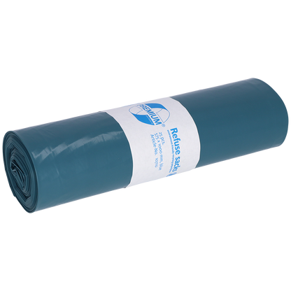 Ein eng gerolltes Bündel blauer DEISS Müllsäcke 575x1000x0,05 mm aus Recycling-LDPE 70 l von EMIL DEISS KG (GmbH + Co.) mit einem weißen Etikett in der Mitte, das die Produktinformation zeigt.