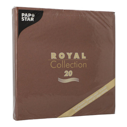 Eine braune quadratische Packung PAPSTAR 20 Servietten "ROYAL Collection" 1/4-Falz (40x40 cm) von PAPSTAR GmbH, mit goldener und weißer Schrift, eingeschweißt in klarem Kunststoff - ideal für die Tischdekoration.