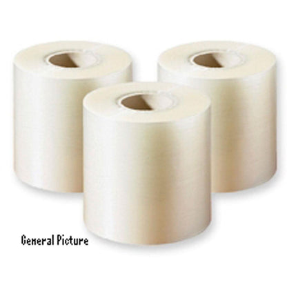 Drei große, weiße Rollen der Duni GmbH PP-Siegelfolie Antifog sind nebeneinander auf einem einfarbigen Hintergrund angeordnet. Die glänzende Oberfläche und die hohlen Kerne unterstreichen ihre Verwendung als Lebensmittelverpackung. In der unteren linken Ecke ist "Allgemeines Bild" zu sehen.