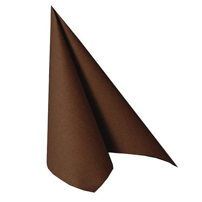 A single brown PAPSTAR 50 napkins "ROYAL Collection" 1/4-fold 40 x 40 cm by PAPSTAR GmbH is folded upright in a standing triangle shape against a plain white background.
