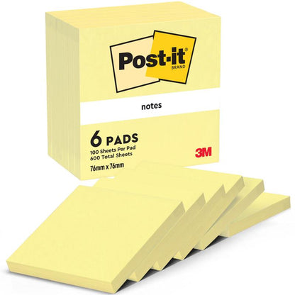 A pack of six Post-it® Notes from 3M Deutschland GmbH (76 mm x 76 mm, 100 sheets/block, 100% PEFC) is shown fanned out, brand and logo visible on the packaging.