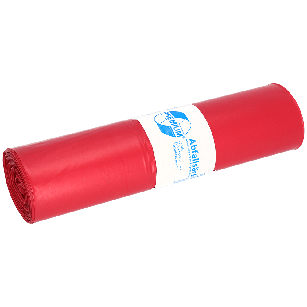 The image shows a roll of DEISS 11002 red trash bags (700x1100x0.06 mm, 25 pieces) from EMIL DEISS KG, featuring a white label with blue text on a white background.