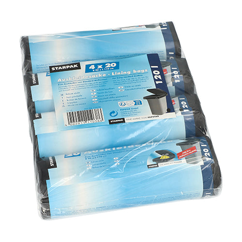 A pack of Starpak 80 liner bags for 120-liter trash cans (110 x 90 cm, black) contains 80 bags, wrapped in clear shrink wrap, with blue-white labeling.