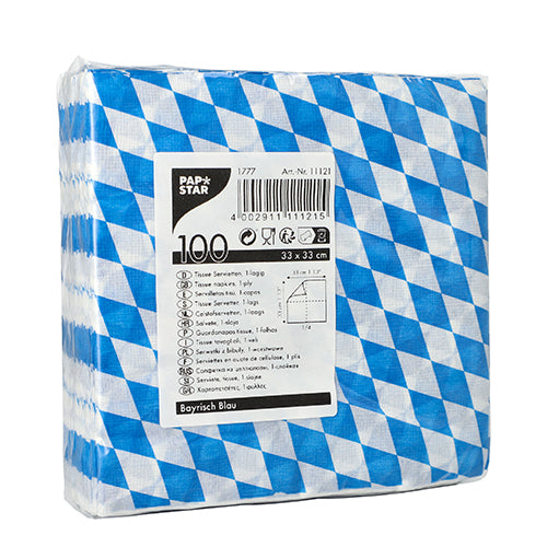 PAPSTAR GmbH 100 Servietten, 1-lagig 1/4-Falz, 33 x 33 cm, mit blau-weißem Rautenmuster, umweltfreundlich und FSC-zertifiziert; Verpackung zeigt Details mehrsprachig sowie die Maße 33 x 33 cm.