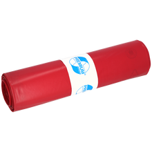 Eine Rolle roter DEISS 11306 Müllsäcke (800x1000x0,1 mm, 15 Stück) der EMIL DEISS KG (GmbH + Co.), verpackt in einem weißen Etikett mit blauem Text und Grafik, ist auf einem schlichten hellen Hintergrund abgebildet.