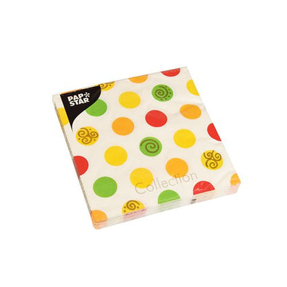 A pack of PAPSTAR GmbH 20 napkins, 33x33 cm, 3-ply (Design Set 6) with a white background and yellow, orange, green, and red dot patterns, partially with spirals; labeled "Pap Star Collection" at the corner.