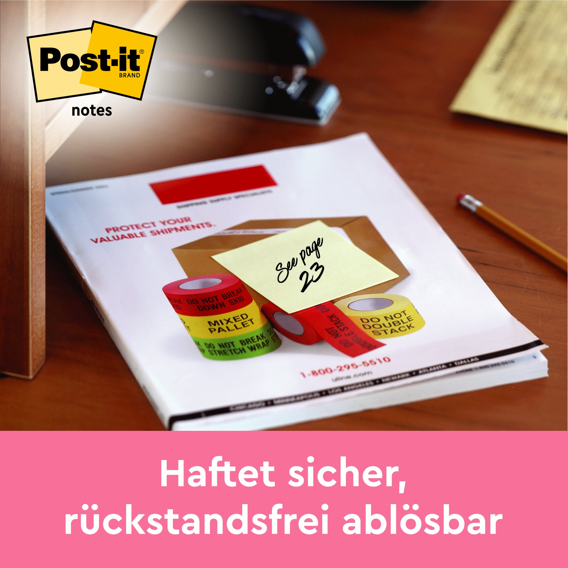 Eine gelbe Post-it® Notiz (51 mm x 76 mm, 100 Blatt, 12 Blöcke/Packung) der 3M Deutschland GmbH mit der Aufschrift "Siehe Seite 23" ist an einem Dokument befestigt. Das Bild zeigt das Post-it Logo und den deutschen Text: "Haftet sicher, rückstandsfrei ablösbar.