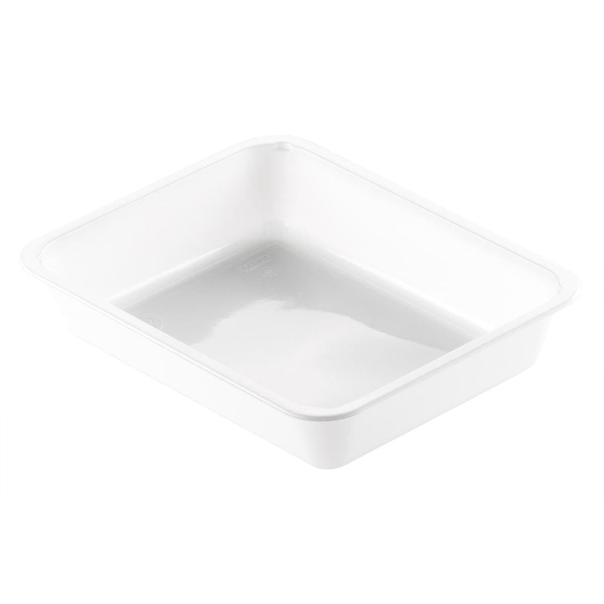 The CPET tray 1 White CPET from Duni GmbH is a rectangular, white, heat-resistant food tray with smooth edges and flat sides, ideal for catering packaging, depicted on a plain white background.