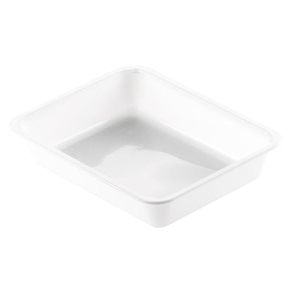 The CPET tray 1 White CPET from Duni GmbH is a rectangular, white, heat-resistant food tray with smooth edges and flat sides, ideal for catering packaging, depicted on a plain white background.