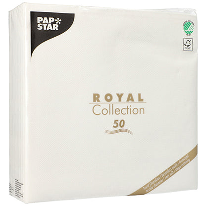 Eine Packung mit 50 weißen PAPSTAR Servietten der „ROYAL Collection“ (1/4-Falz, 48 x 48 cm) der PAPSTAR GmbH. Die Verpackung präsentiert gold-schwarzen Text mit Zertifizierungslogos in den oberen Ecken.