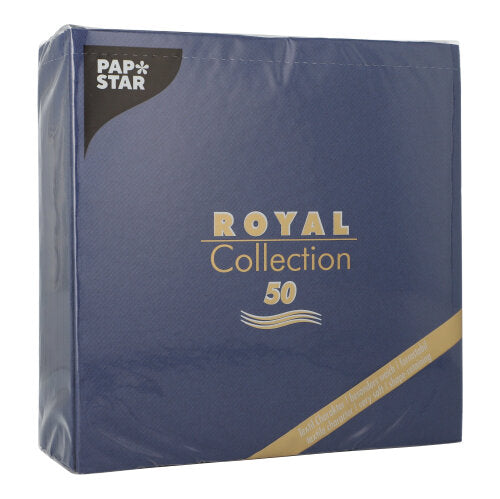 Eine blaue Packung PAPSTAR 50 Servietten "ROYAL Collection" (1/4-Falz, 40x40 cm, dunkelblau) von PAPSTAR GmbH mit gold-weißer Schrift und einem diagonalen Goldstreifen in der rechten unteren Ecke.