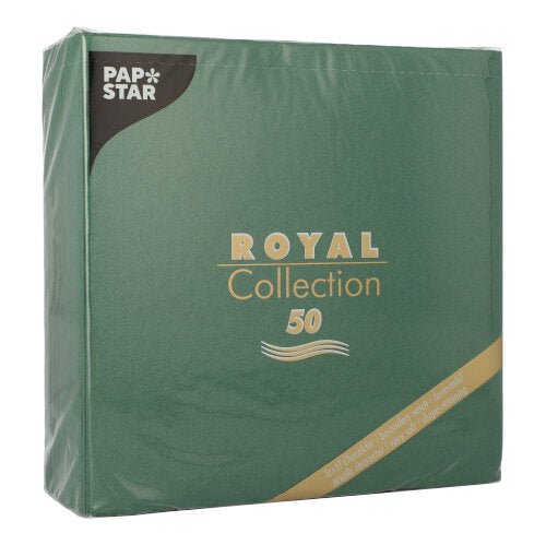 The PAPSTAR GmbH 50 napkins "ROYAL Collection" 1/4-fold 40 x 40 cm in green are adorned with gold-white lettering on the packaging and a small golden diagonal stripe in the lower right corner.