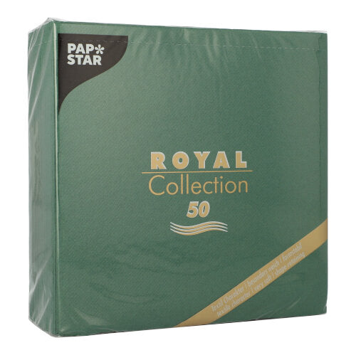 Die PAPSTAR GmbH 50 Servietten "ROYAL Collection" 1/4-Falz 40 x 40 cm in grün sind mit gold-weißer Schrift auf der Verpackung und einem kleinen goldenen Diagonalstreifen in der rechten unteren Ecke versehen.