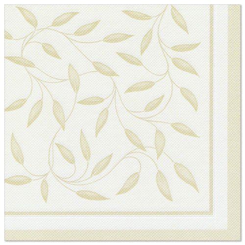 Die PAPSTAR GmbH 50 Servietten "ROYAL Collection" 1/4-Falz 40 x 40 cm in der Farbe Champagner mit einer eleganten Blatt- und Rankenbordüre verleihen jedem gedeckten Tisch einen Hauch von Raffinesse.
