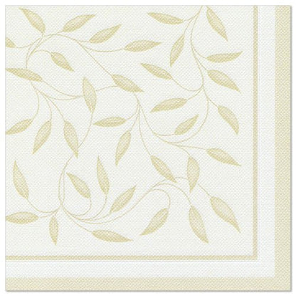 Die PAPSTAR GmbH 50 Servietten "ROYAL Collection" 1/4-Falz 40 x 40 cm in der Farbe Champagner mit einer eleganten Blatt- und Rankenbordüre verleihen jedem gedeckten Tisch einen Hauch von Raffinesse.