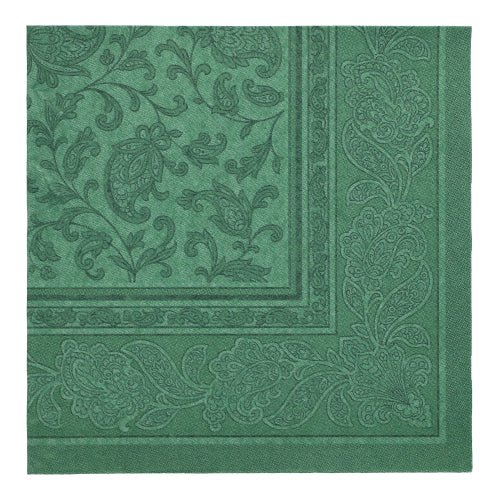 PAPSTAR 50 napkins "ROYAL Collection" 1/4-fold, 40 x 40 cm, green from PAPSTAR GmbH with embossed paisley and floral pattern on the edge and in the middle, from a bird's eye view on white background.