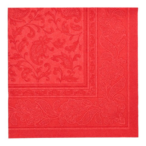 A red paper napkin from PAPSTAR GmbH, "ROYAL Collection" (40 x 40 cm, 1/4-fold), with embossed floral pattern and decorative border - one of 50 high-quality napkins for the elegantly set table.
