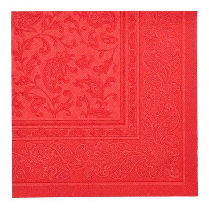 A red paper napkin from PAPSTAR GmbH, "ROYAL Collection" (40 x 40 cm, 1/4-fold), with embossed floral pattern and decorative border - one of 50 high-quality napkins for the elegantly set table.