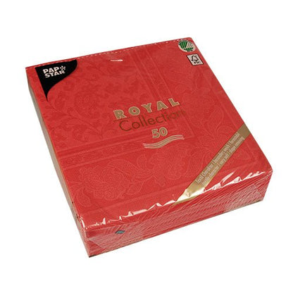 A package of 50 PAPSTAR Royal Collection napkins (40 x 40 cm, red, 1/4-fold) from PAPSTAR GmbH, packed in plastic with golden and white text on the packaging.