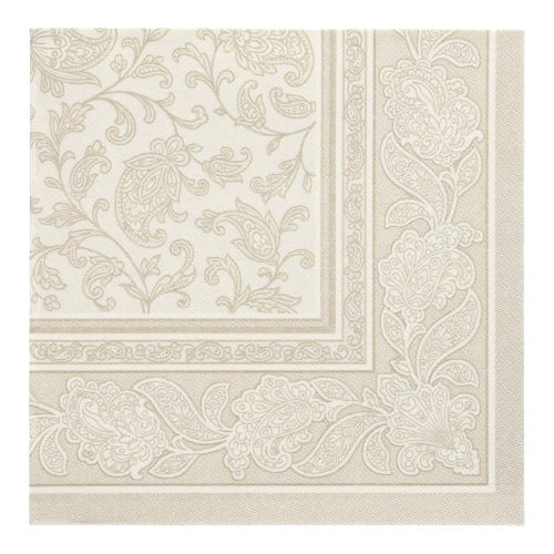 Die quadratische Serviette PAPSTAR 50 Servietten "ROYAL Collection" (40 x 40 cm, champagner) der PAPSTAR GmbH zeichnet sich durch eine elegante Paisley- und Blumenbordüre mit heller Mitte und detailliertem Design aus.