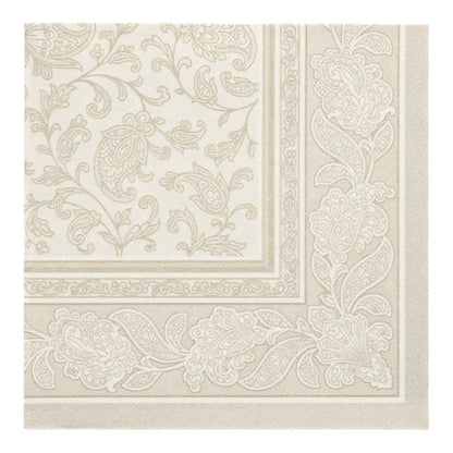 Die quadratische Serviette PAPSTAR 50 Servietten "ROYAL Collection" (40 x 40 cm, champagner) der PAPSTAR GmbH zeichnet sich durch eine elegante Paisley- und Blumenbordüre mit heller Mitte und detailliertem Design aus.