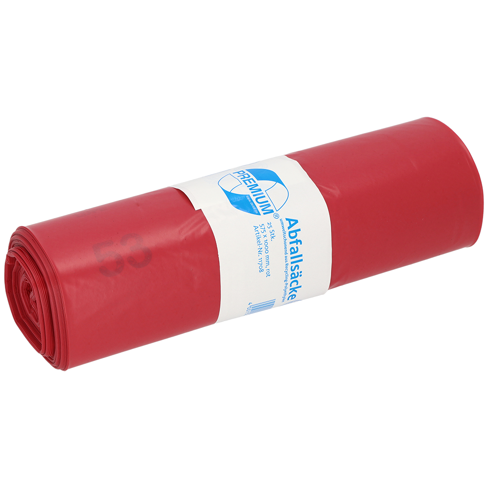 Eine Rolle DEISS Müllsäcke 575x1000x0,06 mm aus Recycling-LDPE 70 l von EMIL DEISS KG (GmbH + Co.) in rot, verpackt in einem weißen Etikett mit blauem Text und Grafik, abgebildet auf einem schlichten weißen Hintergrund.