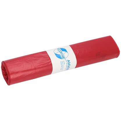 A roll of DEISS ECOFINE® waste bags 13900, 120 liters, made of recycled LDPE/LLDPE from EMIL DEISS KG (GmbH + Co.) with a white label on a white background - ideal for environmentally friendly waste disposal.