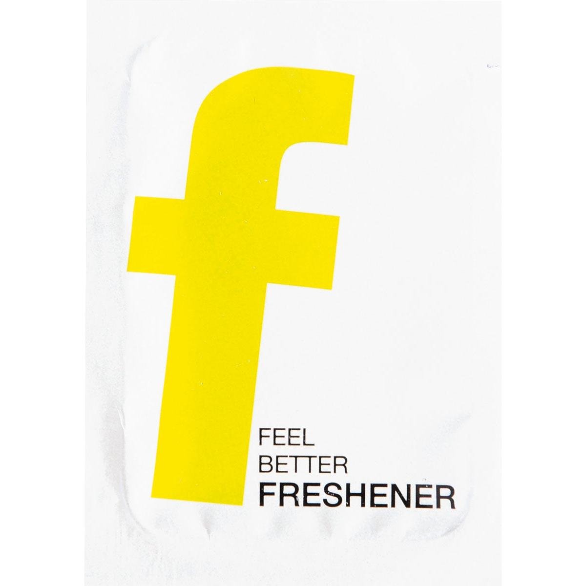 A bold, yellow lowercase "f" stands centered on white, with "FEEL BETTER FRESHENER" in black underneath - perfect for the refreshing wipes by Duni GmbH, 71x51 mm, neutral wet wipes for on the go, pack (1000 pieces).
