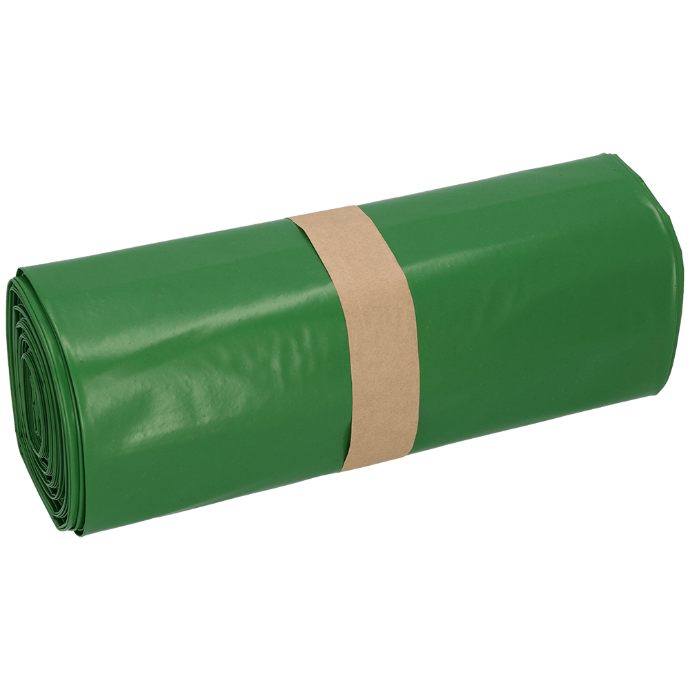 Eine fest verpackte Rolle DEISS Premium Müllsäcke (700x1100x0,1 mm, 120 Liter, grün, 25 Stück) der EMIL DEISS KG (GmbH + Co.) ist mit einer braunen Papierbanderole gesichert, ideal für die Abfallentsorgung, auf weißem Untergrund liegend.