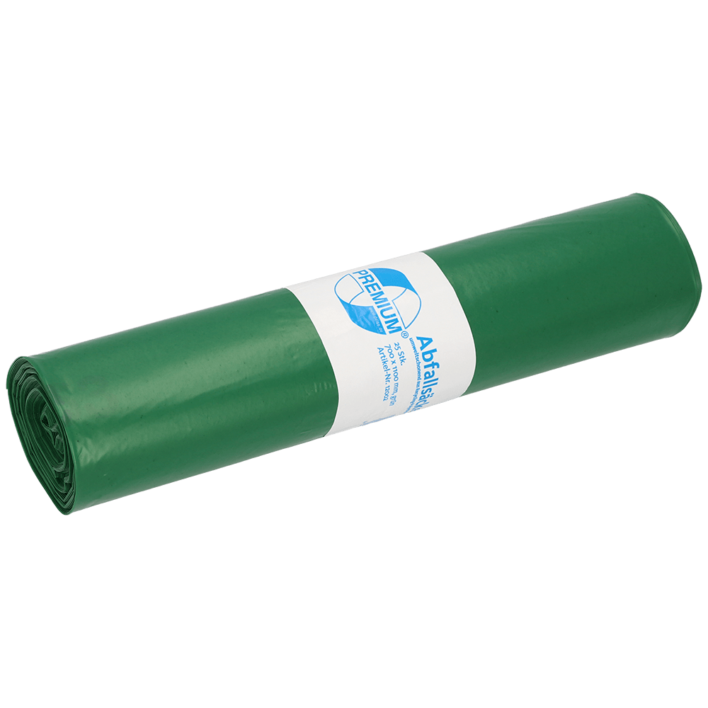 Ein gerolltes Bündel grüner DEISS 12002 Müllsäcke (700x1100 mm, Typ 60) von EMIL DEISS KG, 25 Säcke pro Rolle, mit weißem Etikett und blauem Text für professionelle Abfallentsorgung.