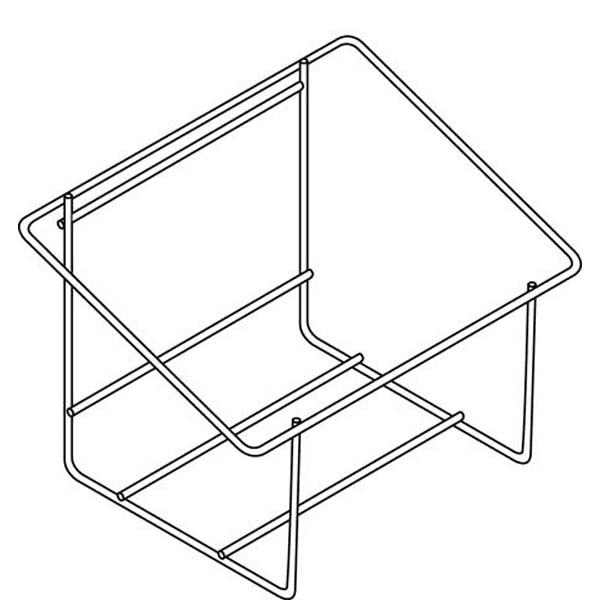 Minimalist line drawing of the canister holder for 2x5 liters by Diversey Deutschland GmbH & Co. OHG; characterized by an open stainless steel construction for holding two 5-liter canisters, with angled sides and thin metal rod construction.