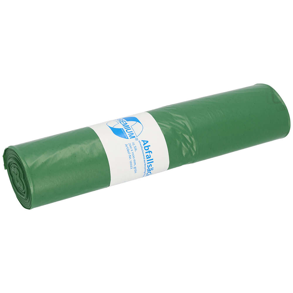 Eine Rolle grüner Müllsäcke der EMIL DEISS KG (GmbH + Co.), DEISS 12022 - 700x1100 mm Typ 60, Rolle (25 Stück), mit einem weiß-blauen Etikett in der Mitte, wird vor einem unifarbenen Hintergrund dargestellt.