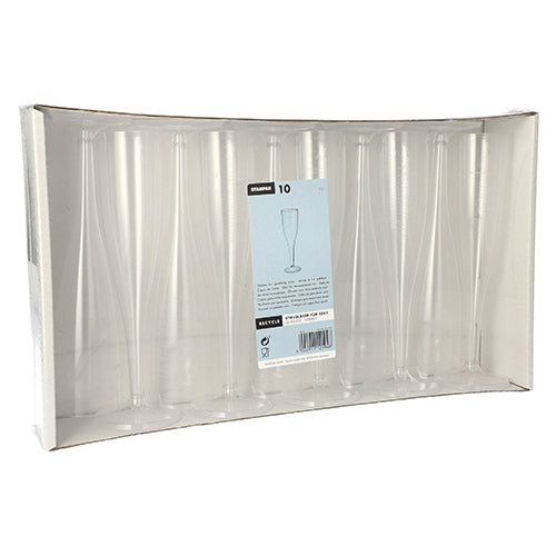 Die Starpak 10 Stiel-Gläser für Sekt (0,1 l, glasklar, einteilig) werden aufrecht in einem durchsichtigen Papptray mit zentralem Produktetikett präsentiert – perfekt für stilvollen Sektgenuss. Die Box enthält 10 elegante PS-Kunststoffgläser.