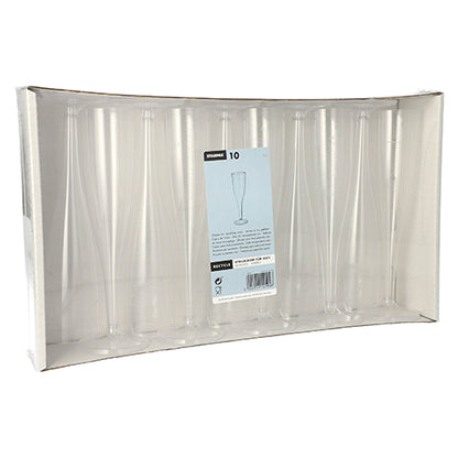 Die Starpak 10 Stiel-Gläser für Sekt (0,1 l, glasklar, einteilig) werden aufrecht in einem durchsichtigen Papptray mit zentralem Produktetikett präsentiert – perfekt für stilvollen Sektgenuss. Die Box enthält 10 elegante PS-Kunststoffgläser.