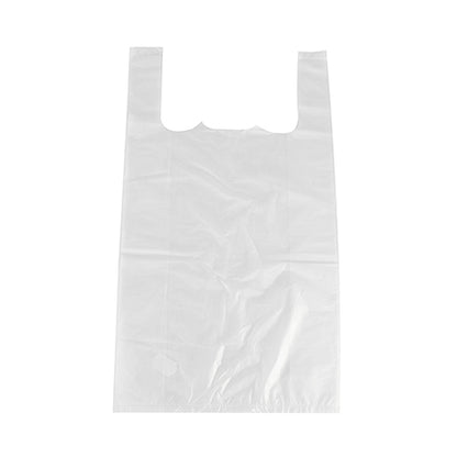 Die Starpak 500 Hemdchen-Tragetaschen (HDPE, 48x27x12 cm, weiß) heben sich flach auf einem weißen Hintergrund ab und heben ihre Falten und Griffe hervor – ideal für leichte Gegenstände. Packung enthält 500 Stück.