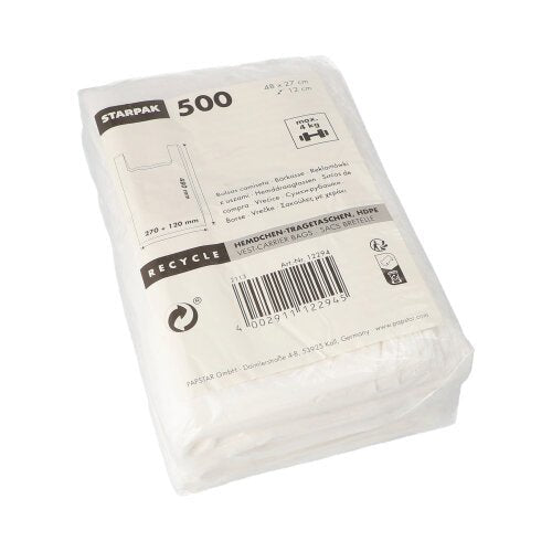 Eine durchsichtige Plastikpackung mit 500 weißen Starpak Hemdchen-Tragetaschen (HDPE, 48 x 27 x 12 cm), beschriftet mit Recycling-Symbolen und einem Barcode. Ideal für leichte Gegenstände; Produktdetails finden Sie auf der Vorderseite.