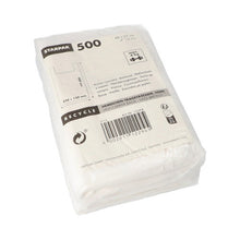 Eine durchsichtige Plastikpackung mit 500 weißen Starpak Hemdchen-Tragetaschen (HDPE, 48 x 27 x 12 cm), beschriftet mit Recycling-Symbolen und einem Barcode. Ideal für leichte Gegenstände; Produktdetails finden Sie auf der Vorderseite.