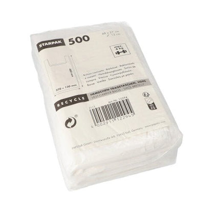 Eine durchsichtige Plastikpackung mit 500 weißen Starpak Hemdchen-Tragetaschen (HDPE, 48 x 27 x 12 cm), beschriftet mit Recycling-Symbolen und einem Barcode. Ideal für leichte Gegenstände; Produktdetails finden Sie auf der Vorderseite.