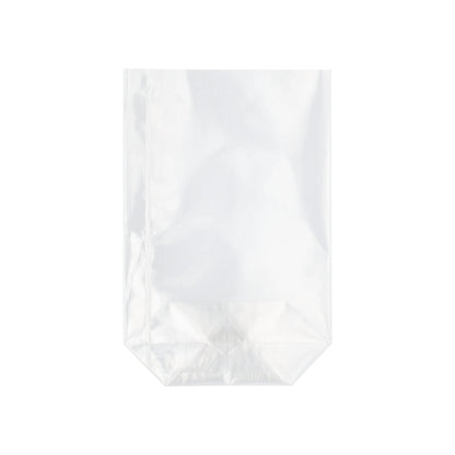 Der Starpak 300 Bodenbeutel aus transparentem PP steht mit flachem Boden aufrecht vor weißem Hintergrund.