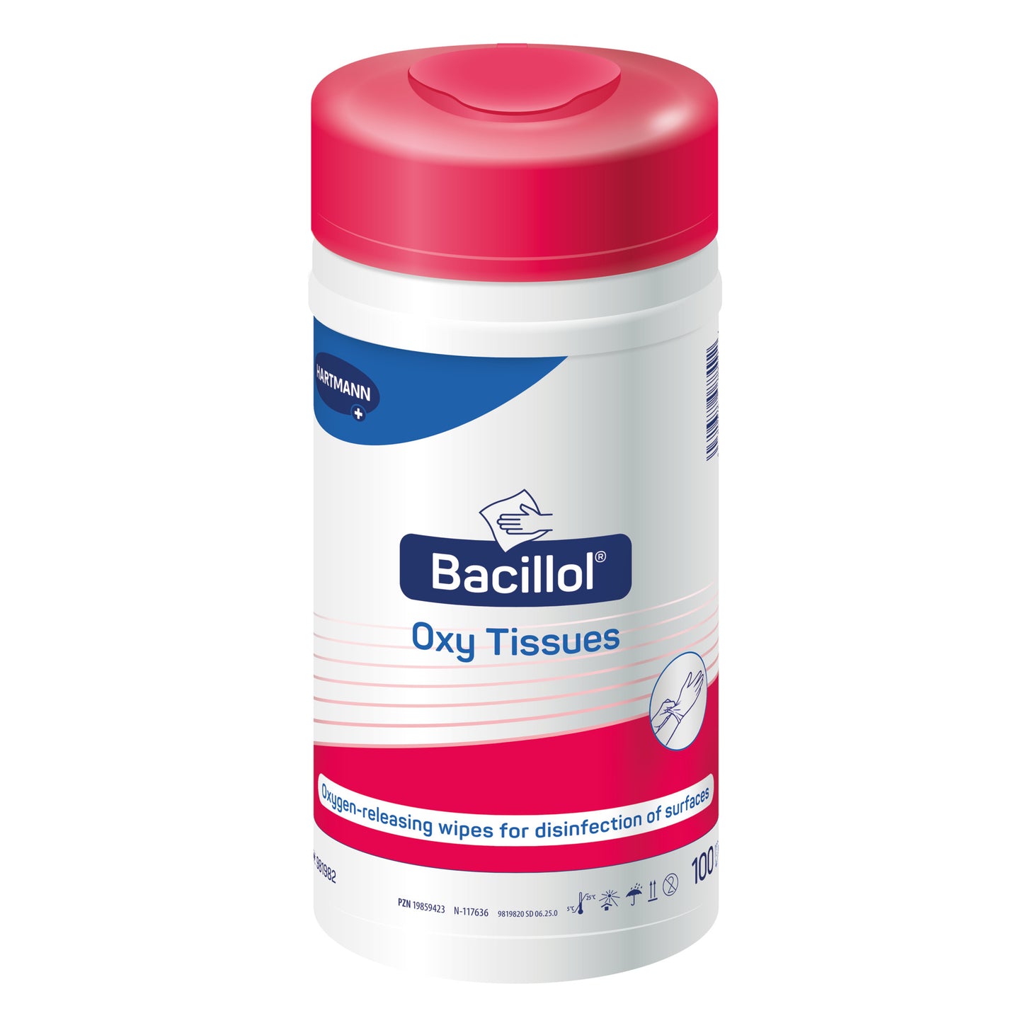 White canister with a pink lid and the inscription "Bacillol® 30 Oxy Tissues" from Paul Hartmann AG, containing 100 effective, oxygen-active disinfectant wipes for surfaces. The label has blue and pink accents and displays the Hartmann logo.