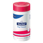 White canister with a pink lid and the inscription "Bacillol® 30 Oxy Tissues" from Paul Hartmann AG, containing 100 effective, oxygen-active disinfectant wipes for surfaces. The label has blue and pink accents and displays the Hartmann logo.
