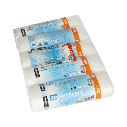 Four rolls of Starpak 150 garbage bags with drawstring, HDPE 20L (55x48cm) transparent, are stacked on top of each other. The blue-white label of each roll shows "150 pieces", trash can images, usage instructions and points out the hygienic waste disposal.