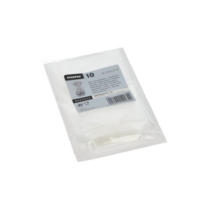 A clear plastic pack with 10 transparent Starpak bottom bags (PP), each 14 x 10 x 4.4 cm, depicted on a white surface – ideal transparent packaging for food.