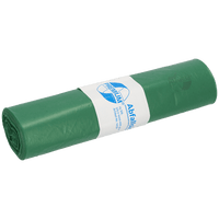 One roll of DEISS 12730 green plastic trash bags (575x1000 mm, 25 pieces) from EMIL DEISS KG (GmbH + Co.), with a white-and-blue label featuring text, a logo, and product information, wrapped around the center of the roll.