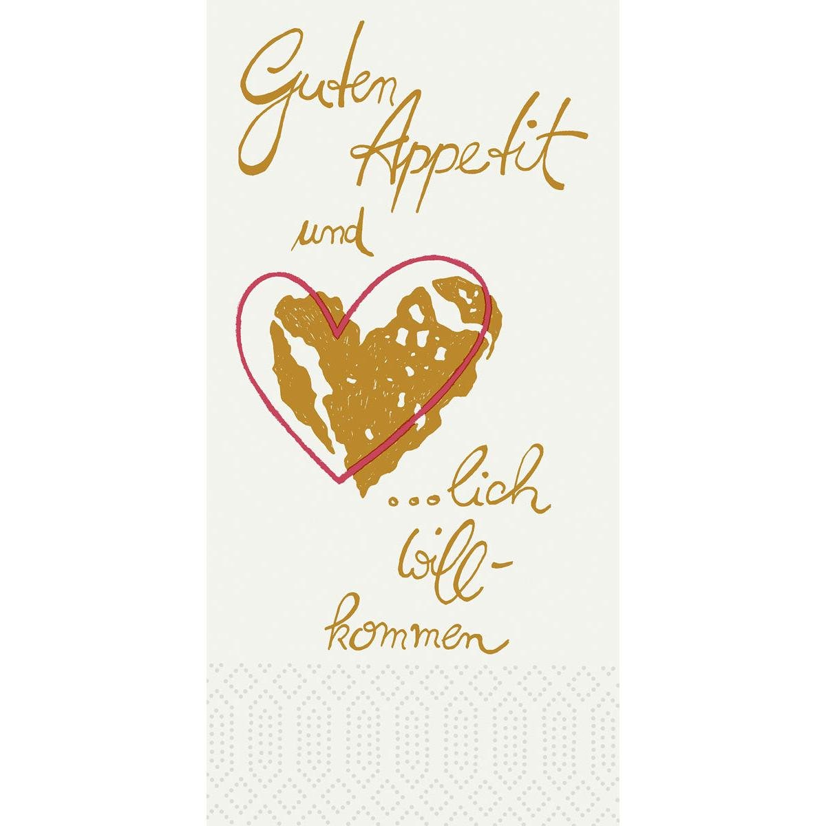 Auf den Duni GmbH Zelltuchservietten 40x40 cm, 2-lagig, 1/8 Kopffalz, steht handschriftlich "Guten Appetit und herzlich willkommen" in Gold und Rosa mit einem partiellen Goldherz. Die Packung enthält 300 Servietten.