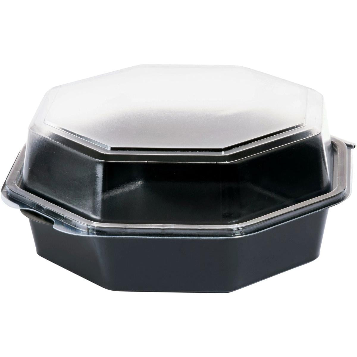 Die Duni GmbH Octaview® PS Schwarz/Transparent 190x190x80 mm Box (Packung mit 270 Stück) zeichnet sich durch eine achteckige Form mit einem klaren, aufgesetzten Deckel aus - ideal für stilvolle Aufbewahrung Schwarz und perfekte transparente PS-Boxen für Food Presentation.
